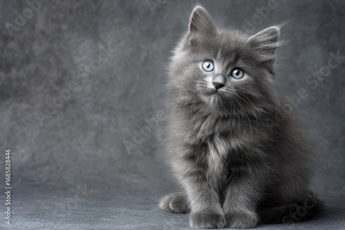 Fluffy gray kitten gazing curiously on a neutral gray background during a calm afternoon