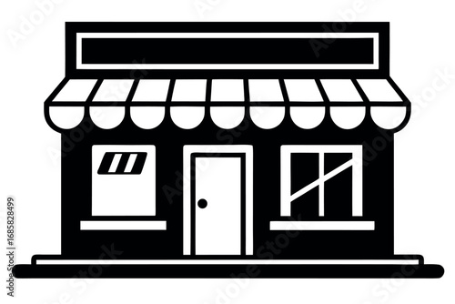 Small black and white shopfront illustration showcasing a door and windows