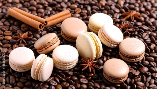 Fototapeta Naklejka Na Ścianę i Meble -  Assorted macarons on roasted coffee beans with cinnamon sticks and star anise spices