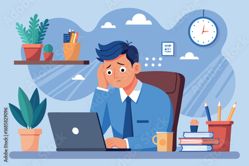 Man looks stressed while working on a laptop in a modern office environment during the day