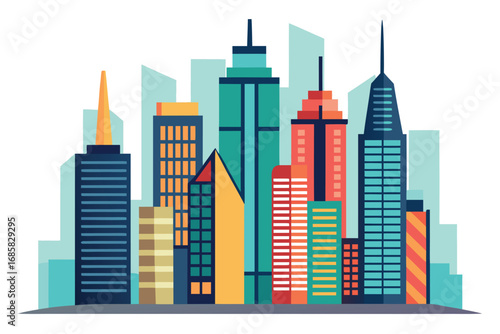 Colorful skyline of modern city showcasing diverse architecture and design elements