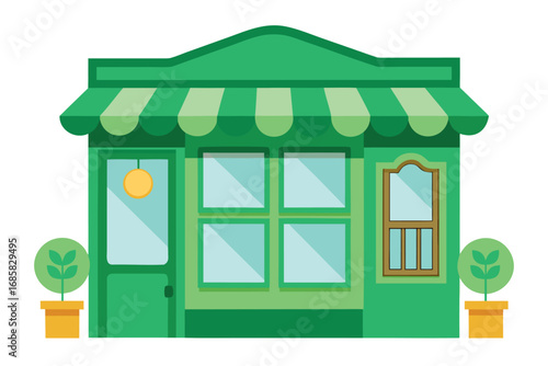 Colorful green storefront with cheerful design and potted plants outside