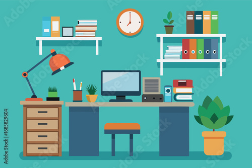 Bright and organized workspace with computer, desk lamp, and plants for productivity