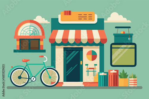 Charming storefront with bicycle and vibrant decor in a quaint urban setting