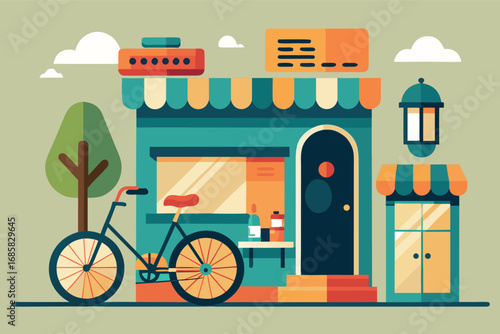 Charming teal storefront with a bicycle parked outside in a vibrant urban setting