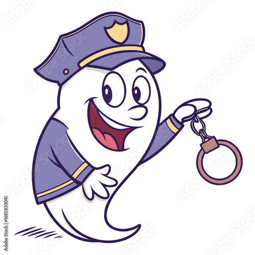 Smiling Ghost in Police Uniform Holding Handcuffs on White Background cartoon character