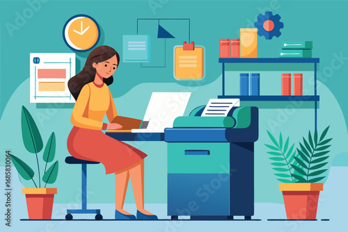 Office worker using a laptop and printer in a bright workspace
