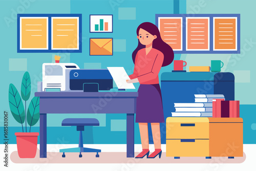 Woman organizing documents in a vibrant office space during the daytime