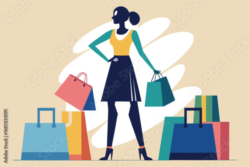 Shopping woman standing confidently with colorful bags in a modern style illustration