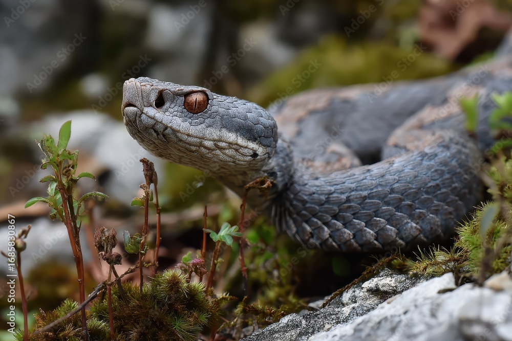 Obraz premium Closeup view of a grey male common European viper in a natural habitat featuring rocks and vegetation during daylight