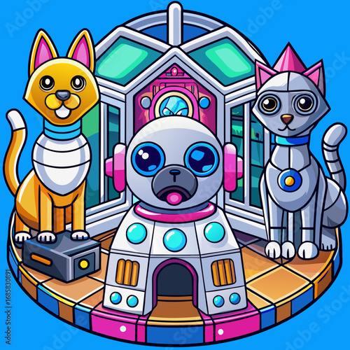 Cute cartoon robot dog and cats in a futuristic setting