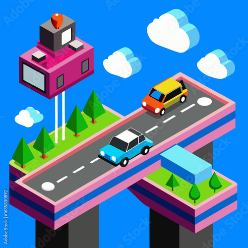 Isometric illustration of cars driving on a colorful elevated road with abstract buildings and trees