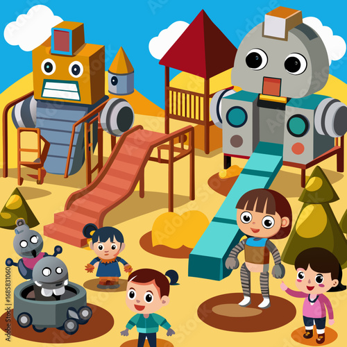 Children playing on a futuristic robot playground with slides and swings