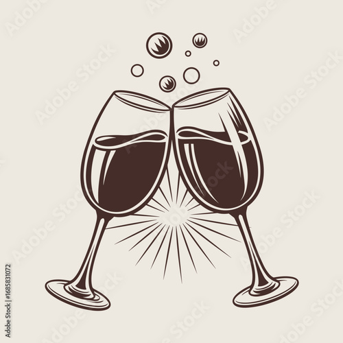Vintage vector of two wine glasses clinking in celebration