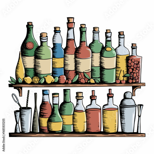 Hand drawn vector of bar shelf with assorted bottles mixers garnishes and bar tools on white background