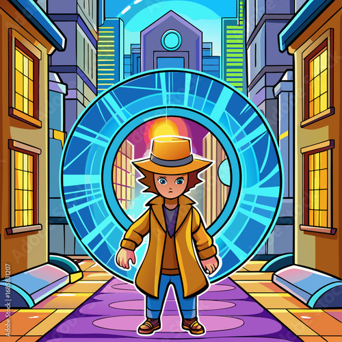 Young detective in a trench coat stands in front of a futuristic portal in a city