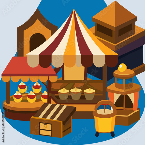 Cartoon illustration of a bustling medieval market with stalls and goods