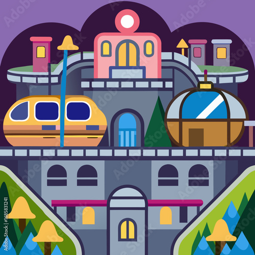 Futuristic city with a yellow train and unique architecture at night