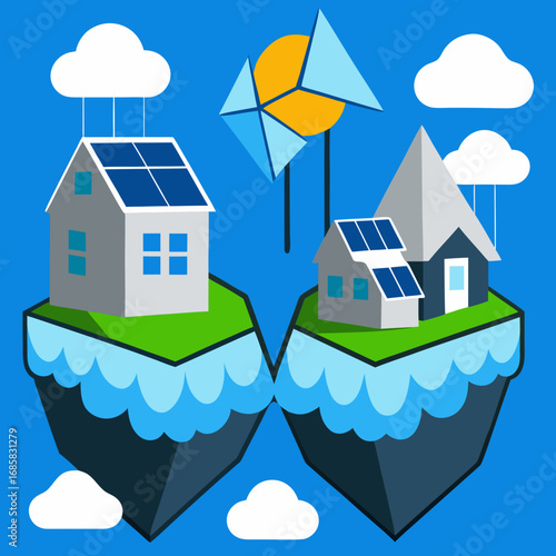 Eco friendly houses with solar panels and wind turbine on floating islands