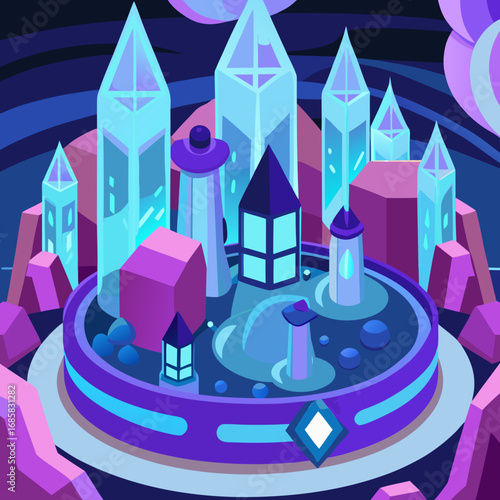 Futuristic alien cityscape with glowing crystalline towers and geometric structures