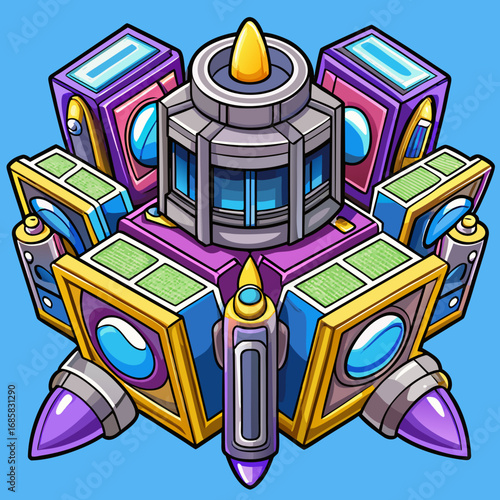 Futuristic sci fi isometric building structure with colorful geometric shapes