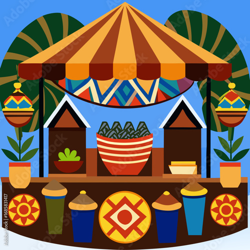 Vibrant marketplace stall with colorful decorations and food offerings