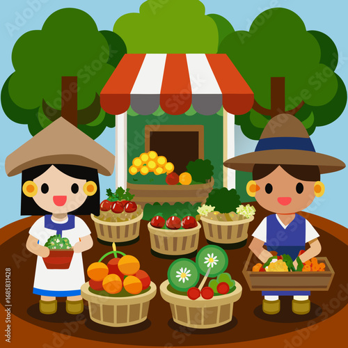 Cute cartoon farmers selling fresh produce at a market stall