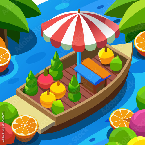 Floating fruit market boat with umbrella and palm trees