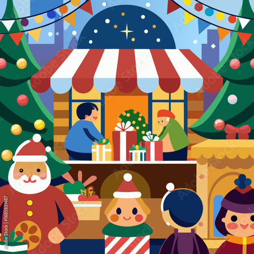 Festive christmas market scene with santa claus and children exchanging gifts