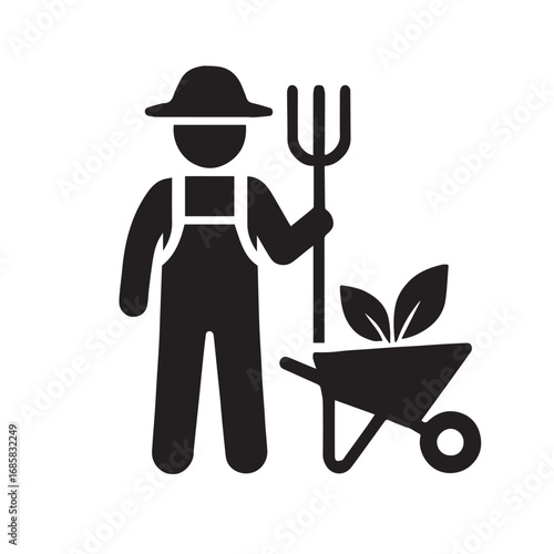 Farmer in overalls with pitchfork and wheelbarrow isolated on white background