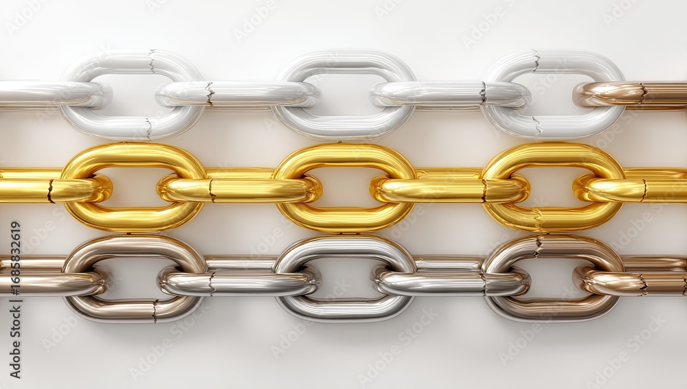 Fototapeta premium Three metallic chains in varying shades of gold, silver and white, displayed horizontally against a plain white background