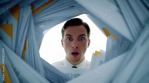 Man overwhelmed by a mountain of documents