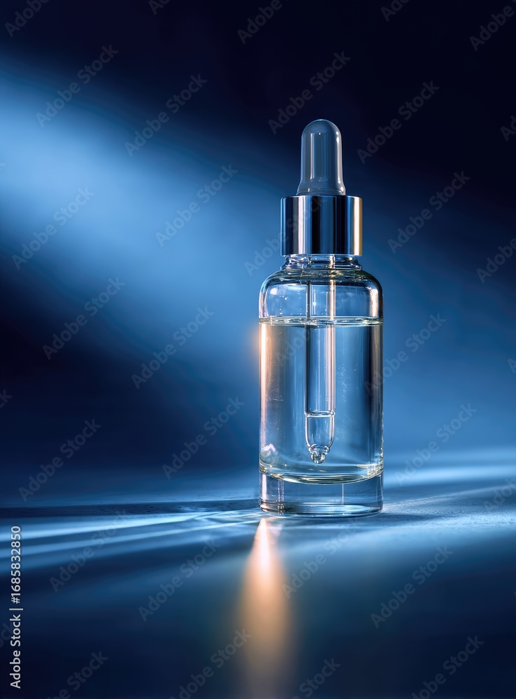 Naklejka premium Clear glass dropper bottle, lit by dramatic blue light, on a dark reflective surface