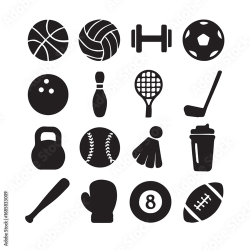 Various sports equipment icons isolated on white background are displayed