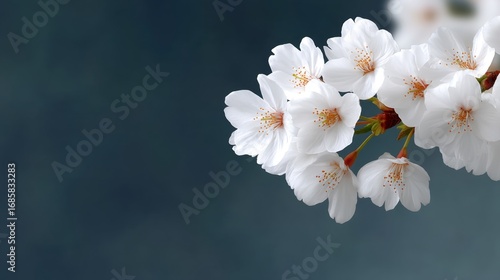 Delicate white cherry blossoms beautifully bloom against a soft backdrop. This serene image captures the essence of spring, with gentle petals inviting peace and joy. Ideal for nature lovers. AI