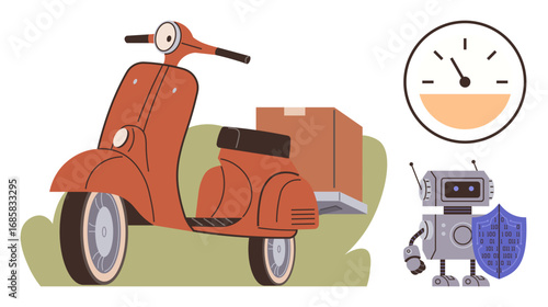 Classic scooter carrying a delivery box, robot with shield symbolizing security, speedometer indicating motion. Ideal for delivery, technology, logistics, safety, automation, mobility innovation
