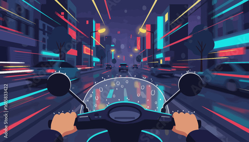 Riding a scooter through a vibrant, futuristic city street at night with blurred lights and buildings.
