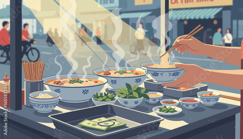 Street food stall in a bustling Asian city, featuring steaming bowls of pho and people enjoying the meal.