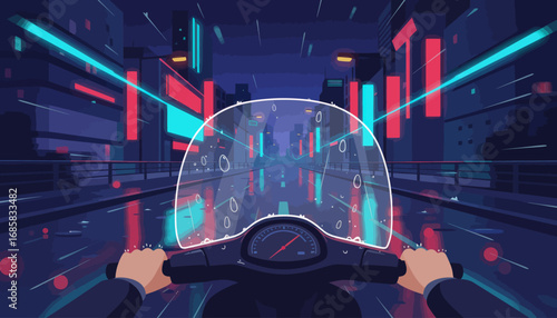 A person's perspective riding a scooter through a futuristic, neon-lit city at night.