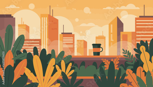 A stylized cityscape view with vibrant plants and a coffee cup, showcasing a peaceful urban scene at sunset.