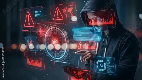 Mysterious hooded figure analyzing data with futuristic holographic interface, AI, cyber security breach concept