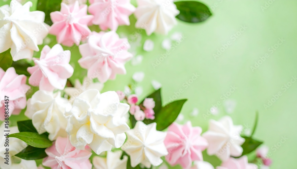 Fototapeta premium Delicate pink and white meringues on a pastel green background
