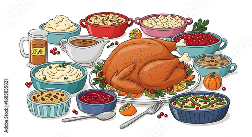 A thanksgiving feast illustration featuring a turkey and various side dishes in colorful bowls ai generated