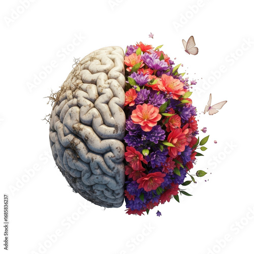 Creative mind transformation blooming flowers half brain thought process butterflies