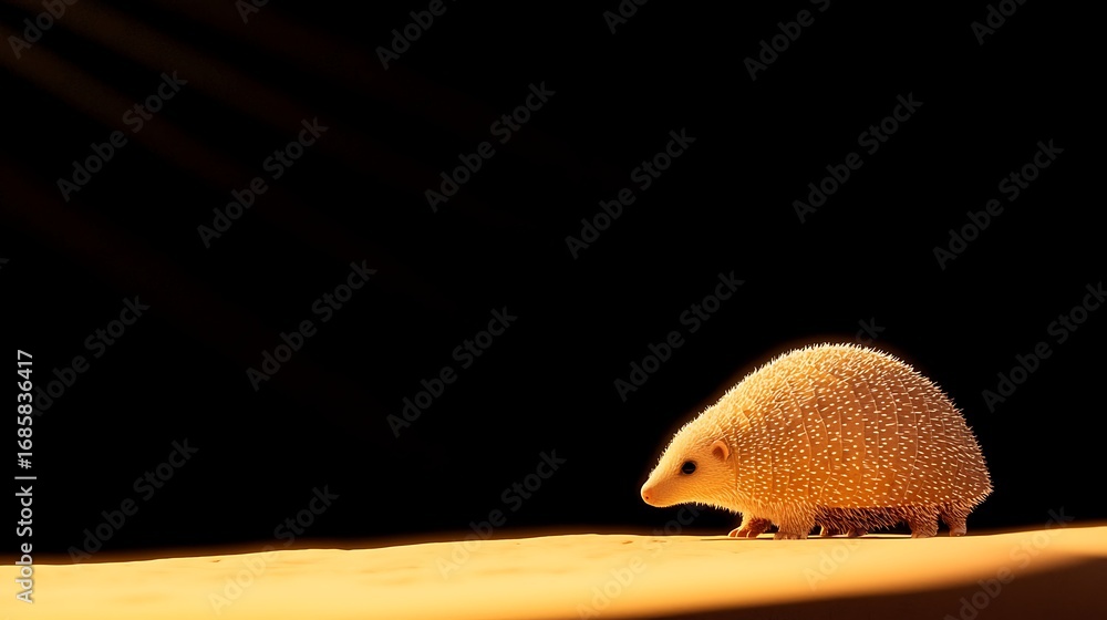 Obraz premium Tiny hedgehog illuminated by sunlight on a sandy surface