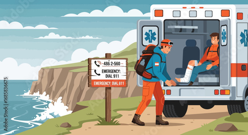 First responders rescue injured hiker near coastal cliffs with ambulance support near ocean location