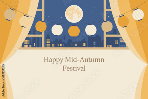 Celebrating happy midautumn festival with lanterns and full moon over city skyline