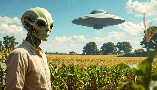 An extraterrestrial with a saucer in the sky watches over a cornfield, under a bright blue sky