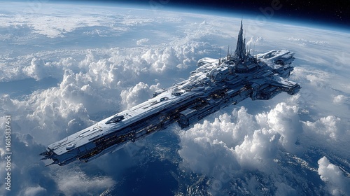 Futuristic Spaceship Over Earth, Science Fiction Concept, Clouds and Atmosphere