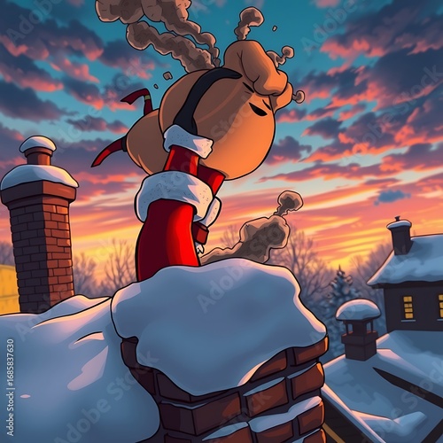 An animated figure in a Santa suit sits atop a snow-covered chimney at sunset.